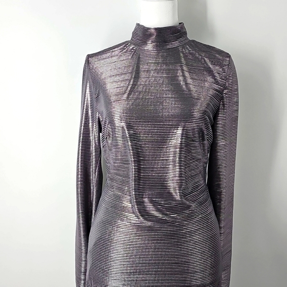 Free People Mila Silver Metallic Textured Open Back Mock Turtleneck Maxi Sz:L - Picture 3 of 13